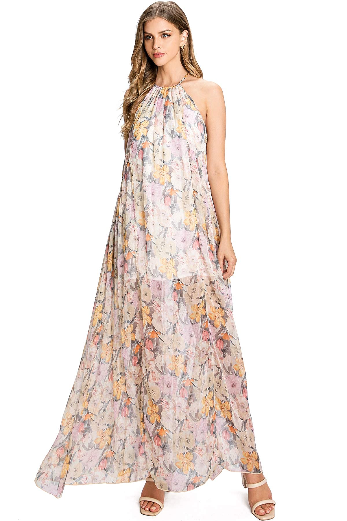 thumbnail image 4 of Aakaa Womens Formal Floral Halter Chiffon A-Line Maxi Dress (Small, Sand), 4 of 5