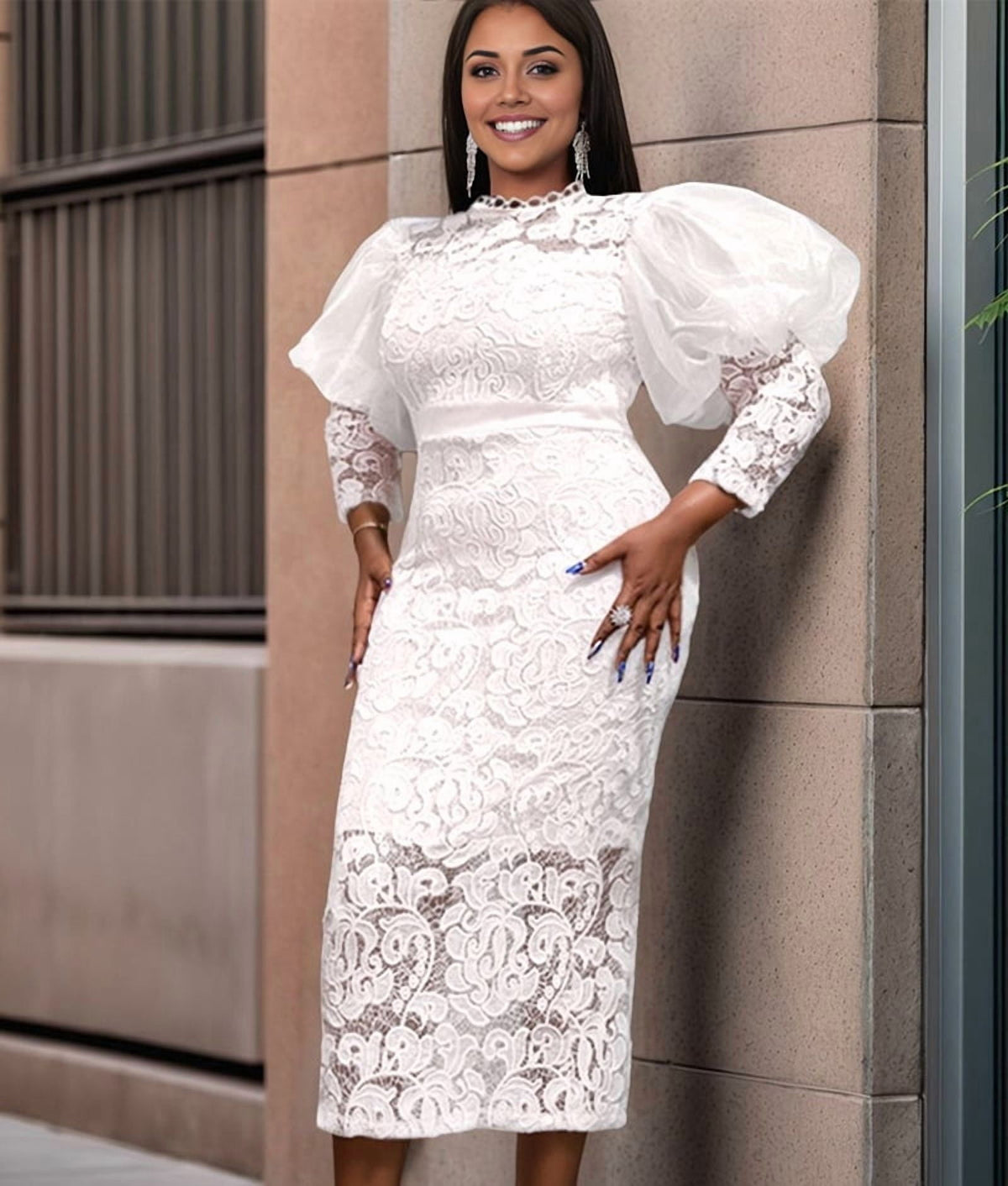thumbnail image 5 of Women'S Elegant Floral Lace Long Sleeve Bodycon Pencil Dress for Evening Events White XXL, 5 of 9