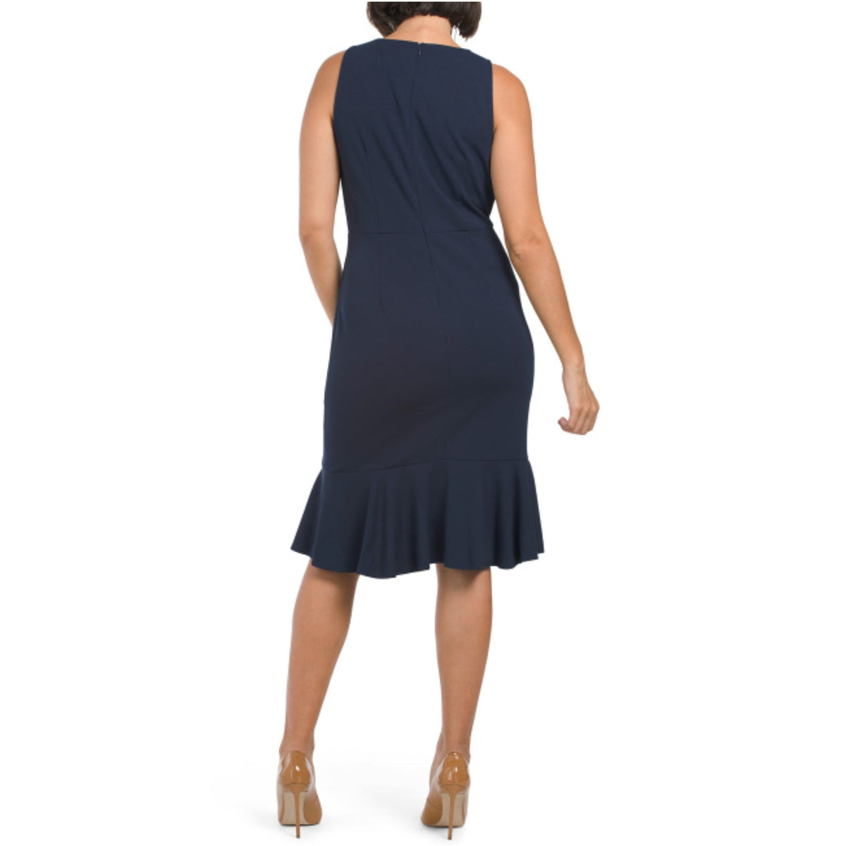 thumbnail image 2 of London Times Women's Scuba Crepe Ruffle Hi-low Hem Midi Dress-Navy / 14, 2 of 6