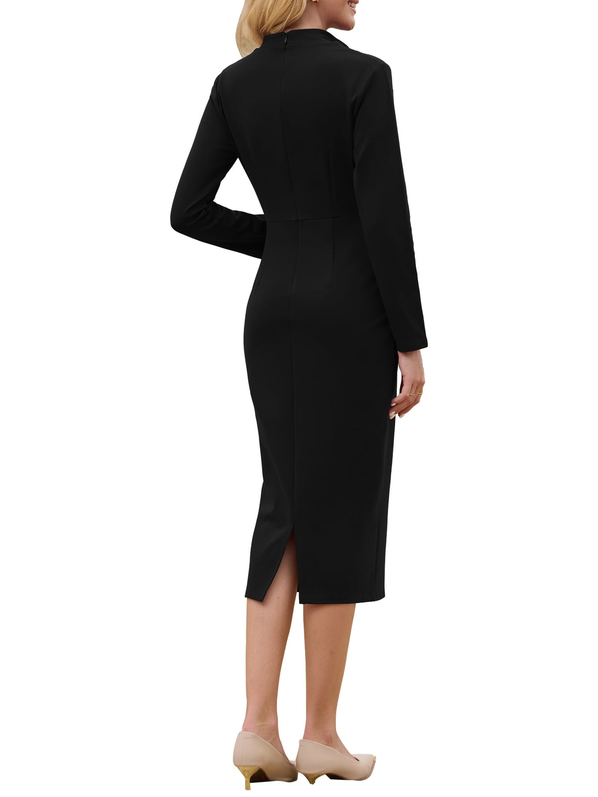 thumbnail image 3 of INSPIRE CHIC Women's Elegant Pencil Dress Lapel V Neck Long Sleeve 2025 Trendy Work Knee Length Dresses S Black, 3 of 5