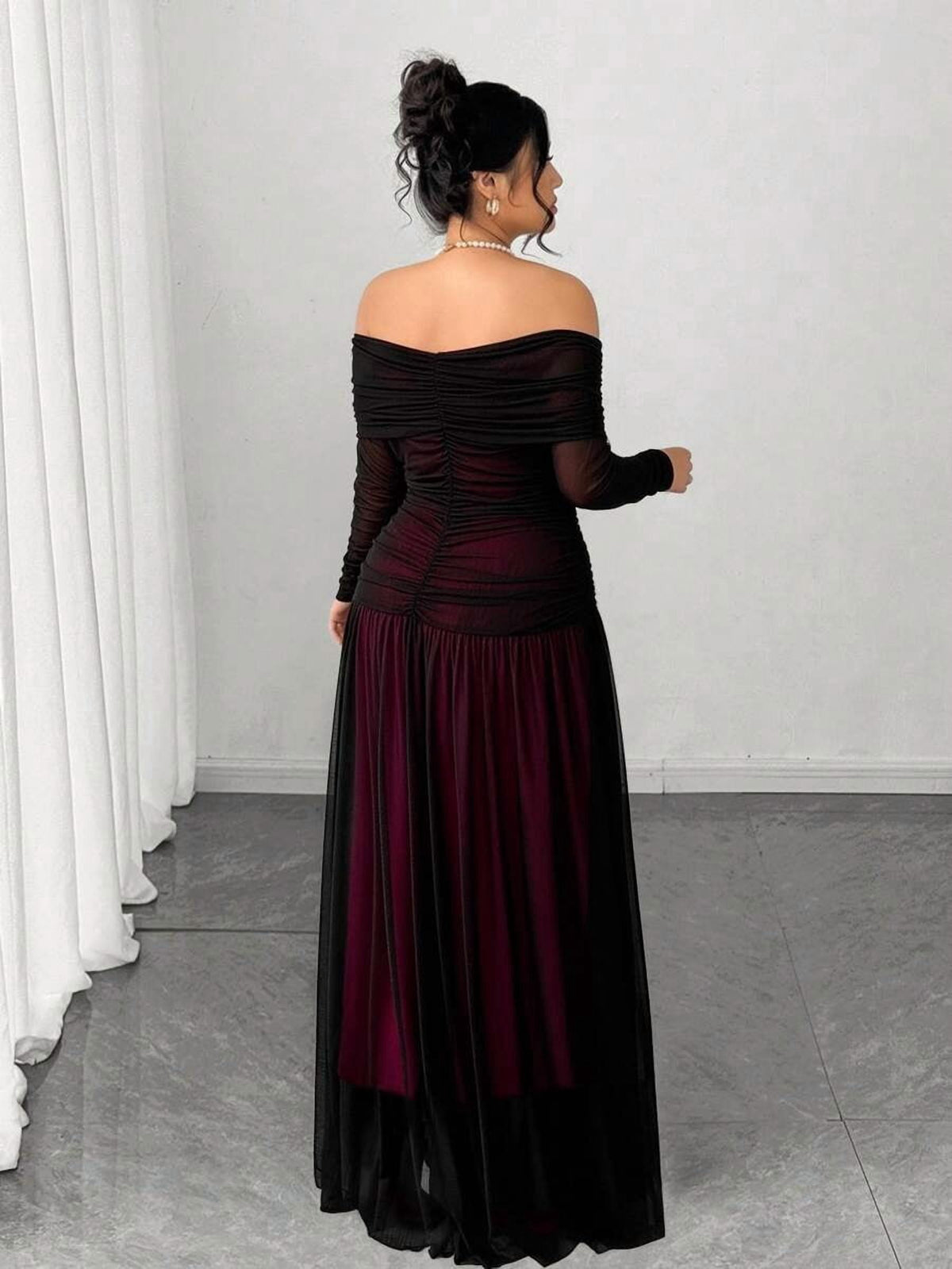 thumbnail image 2 of Multicolor Elegant Off-Shoulder Long Sleeve Bodycon Dress, 2 of 7