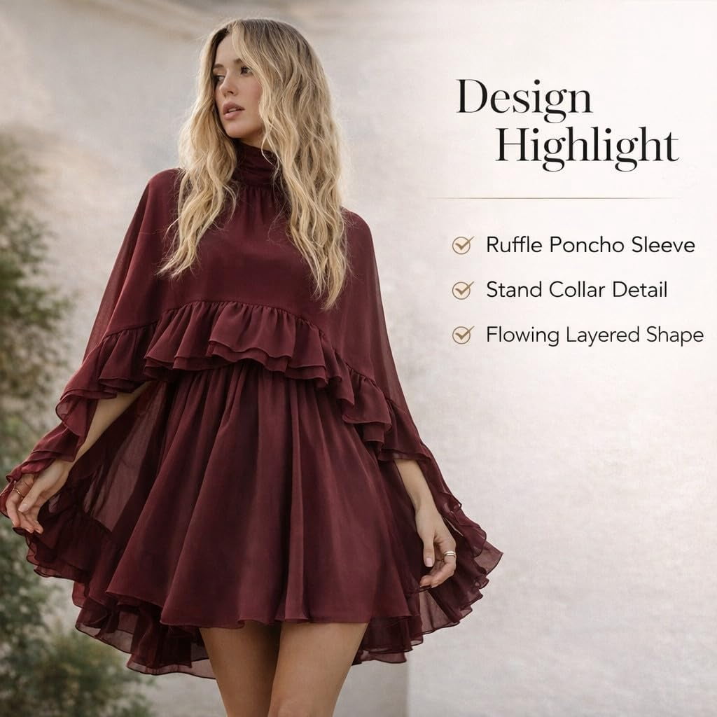 thumbnail image 2 of Women’s Semi Sheer Chiffon Ruffle Dress with Outer Cape, Poncho Sleeve Flowy Mini Dress, Loose Fit Elegant Summer Dress, 2 of 7