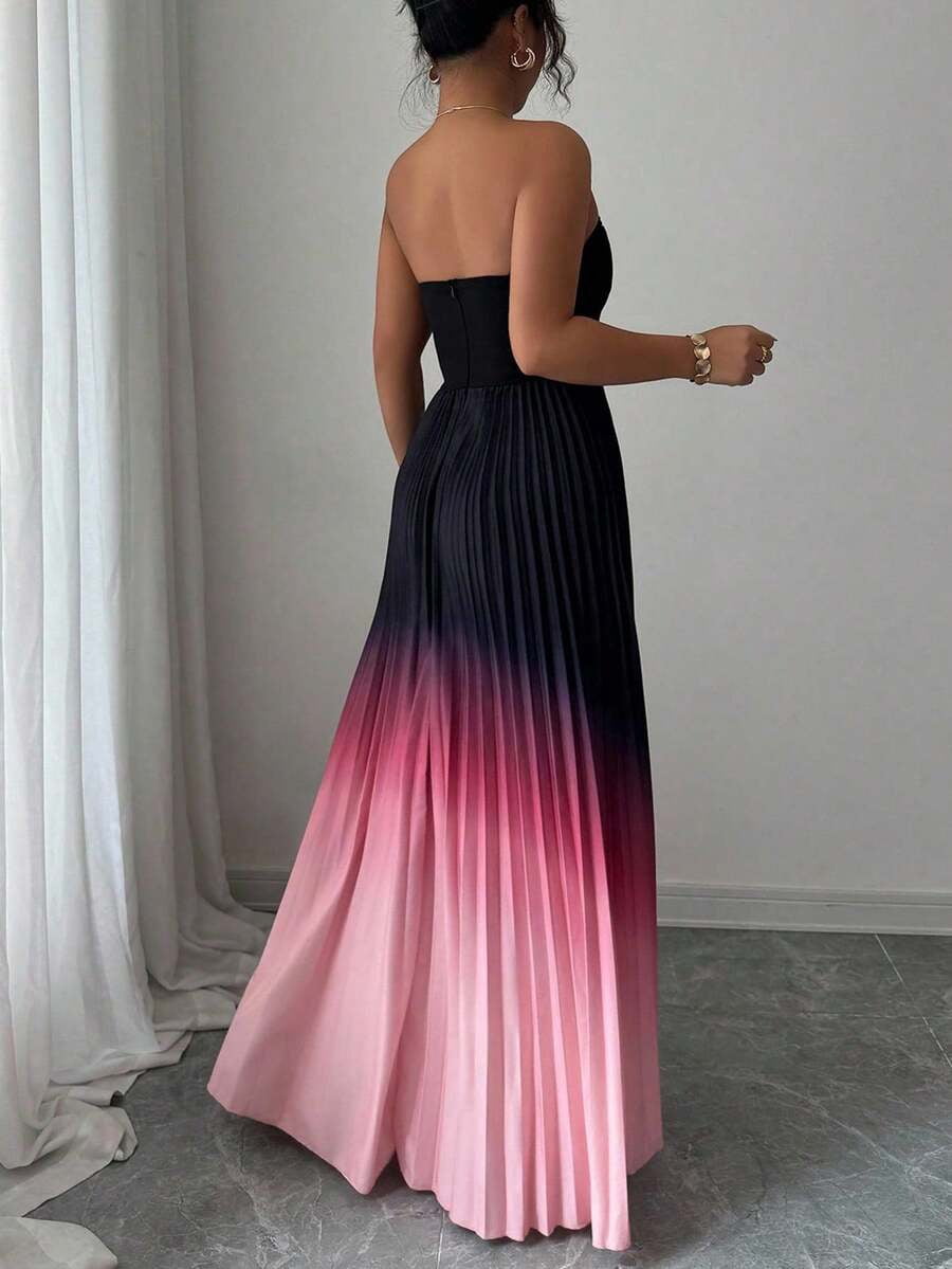 thumbnail image 2 of Multicolor Plus Size Strapless Pleated Ombre Maxi Evening Dress, 2 of 6
