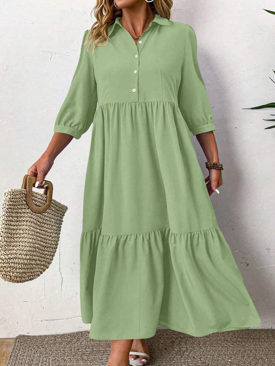 thumbnail image 4 of Plus Size Solid Green Midi Dress with Ruched Front and Button Detail, 4 of 6