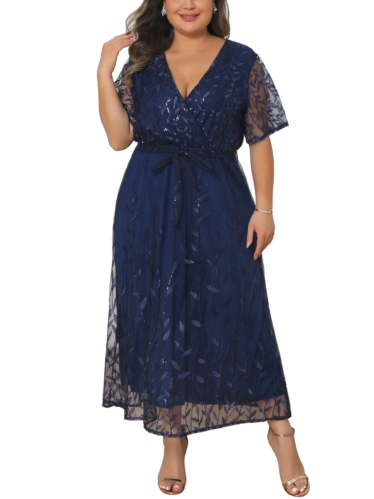 thumbnail image 6 of Agnes Orinda Women's Plus Size Wedding Guest Dress Sequin Printed Pattern Wrap V Neck Short Sleeve Cocktail Party Prom Long Dresses with Tie Waist 1X Navy Blue, 6 of 7