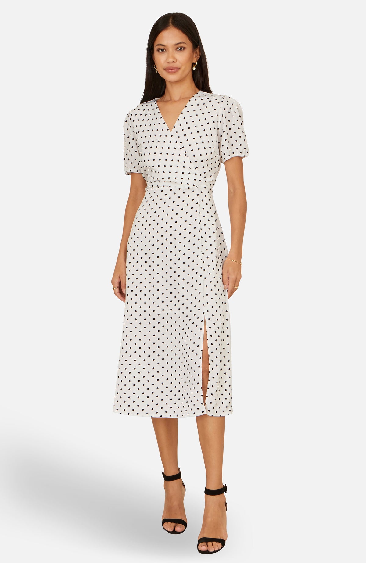 thumbnail image 3 of Yumi Spot Print Wrap Tea Dress - White, 12, 3 of 5
