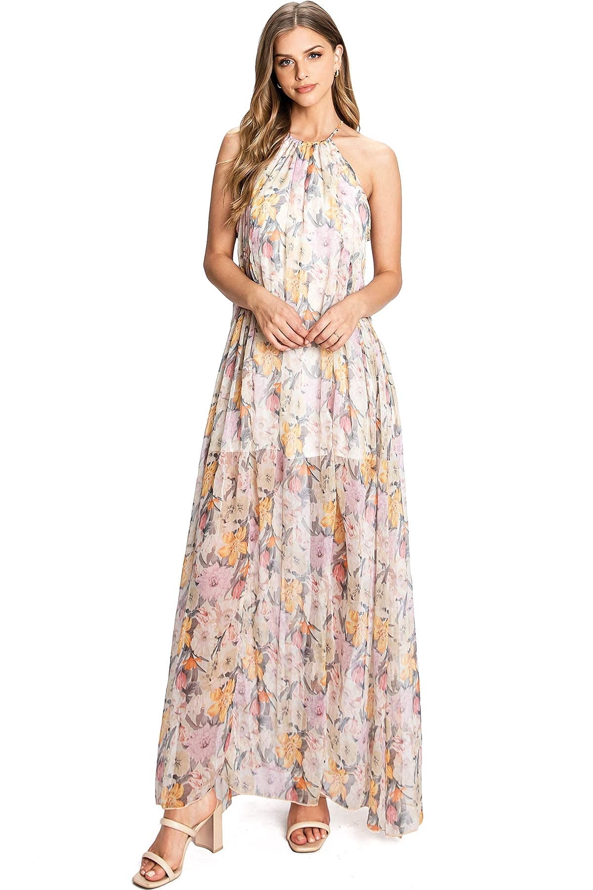 thumbnail image 2 of Aakaa Womens Formal Floral Halter Chiffon A-Line Maxi Dress (Small, Sand), 2 of 5