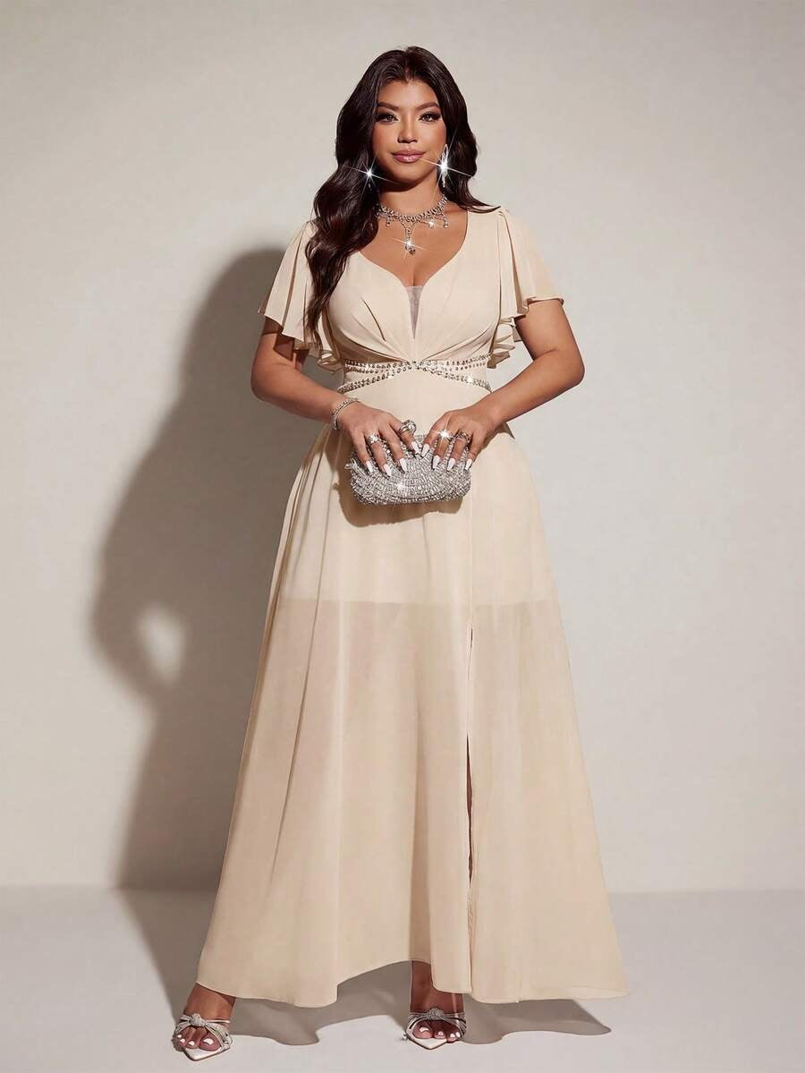 thumbnail image 3 of Womens Elegant Romantic Apricot V-Neck Short Sleeve Flowing Dress, 3 of 6
