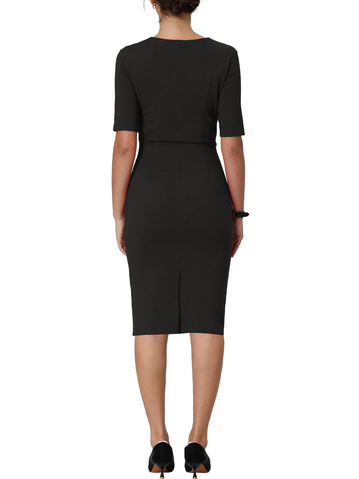 thumbnail image 3 of INSPIRE CHIC Women's Sheath Dress Square Neck Zip Up Short Sleeve Wear-to-Work Pencil Midi Dresses 2XL Black, 3 of 6