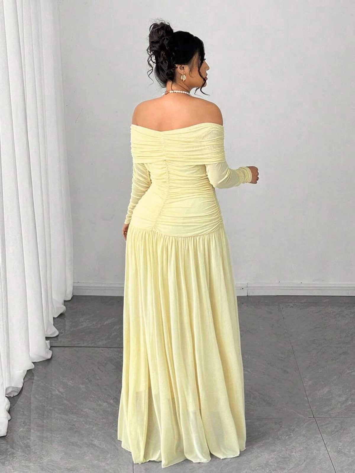 thumbnail image 2 of Elegant Yellow Off-Shoulder Long Sleeve Ruched Bodycon Maxi Dress, 2 of 5