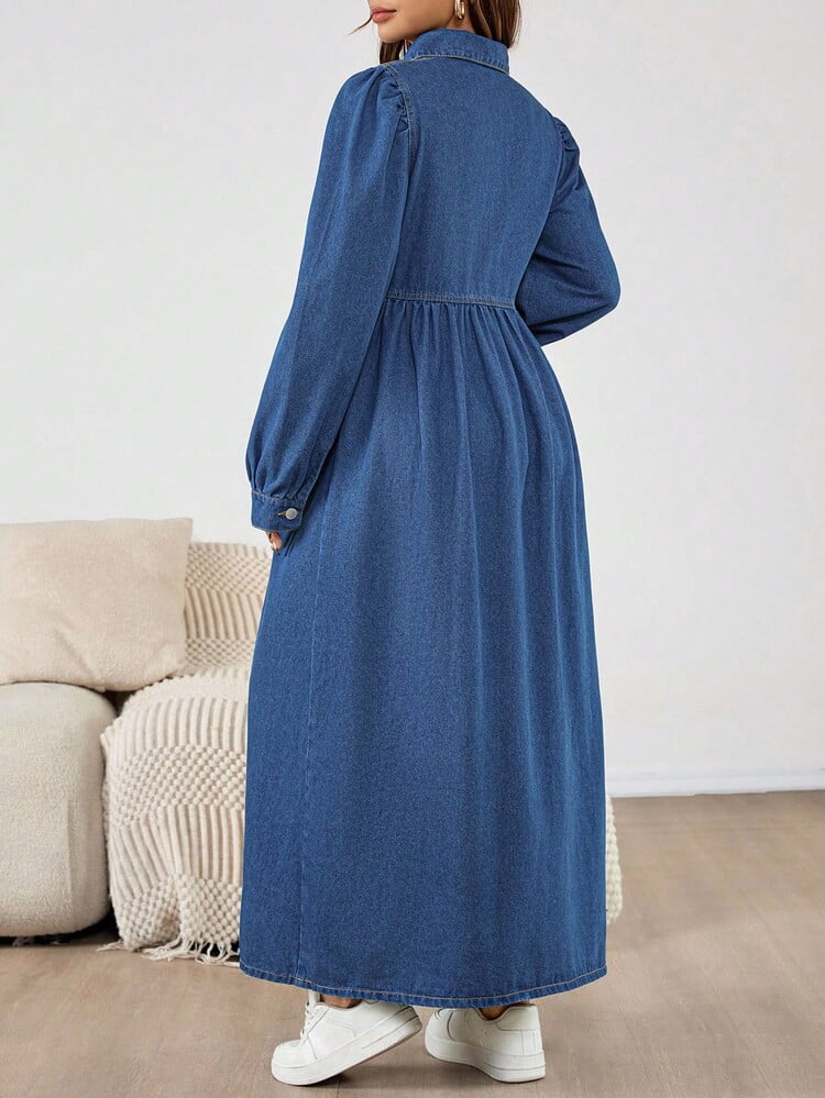 thumbnail image 2 of Blue Maternity Denim Dress with Front Zipper and Collar, 2 of 7