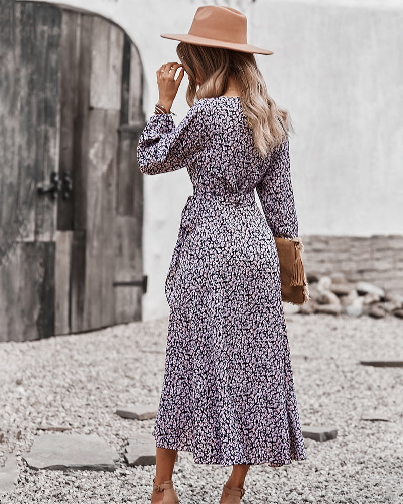 thumbnail image 3 of Floral Print Surplice Neck Bishop Sleeve Wrap Style Midi Dress, 3 of 3