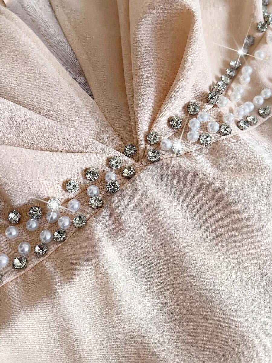thumbnail image 6 of Womens Elegant Romantic Apricot V-Neck Short Sleeve Flowing Dress, 6 of 6