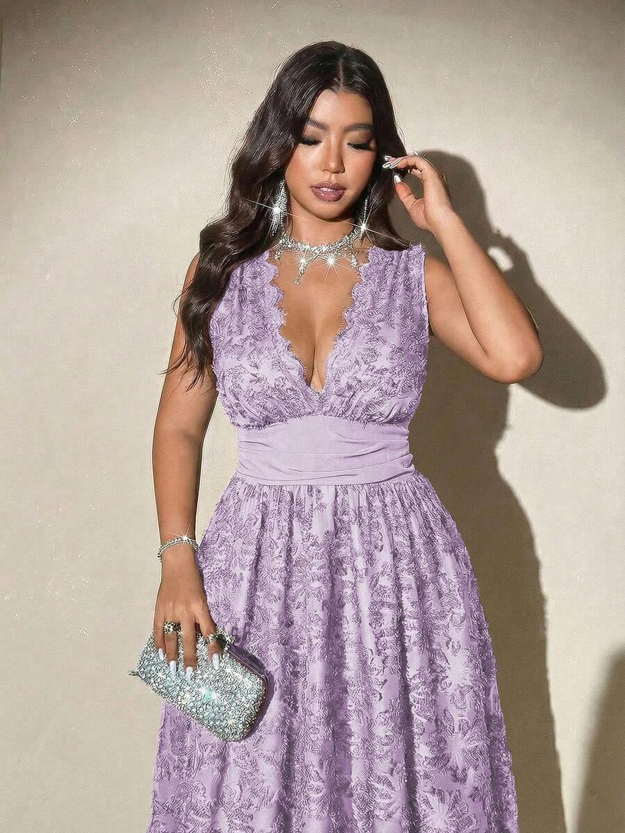 thumbnail image 3 of Plus Size V-Neck Waist Lace Slim Elegant Dress - Purple, 3 of 7