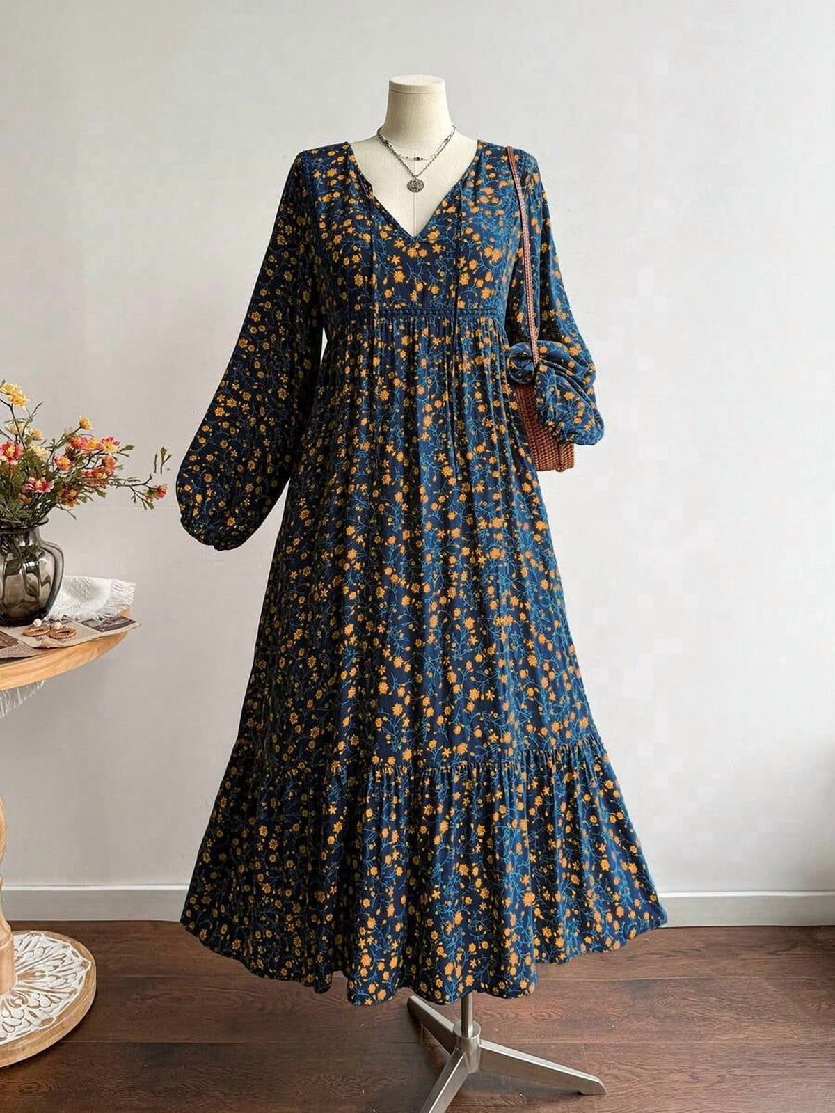 thumbnail image 3 of Dark Blue Plus Size Autumn Floral V-Neck Long Sleeve Tiered Maxi Dress, 3 of 9