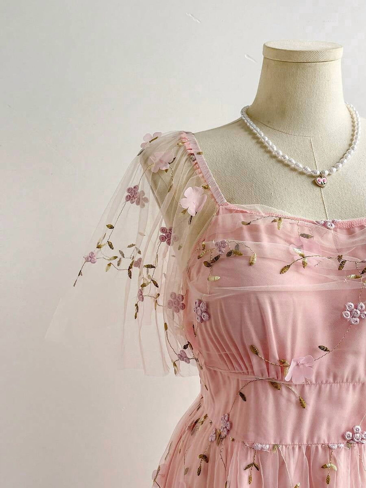 thumbnail image 3 of Plus Size Pink Chiffon Midi Dress, Summer Floral Embroidered Short Sleeve, 3 of 8