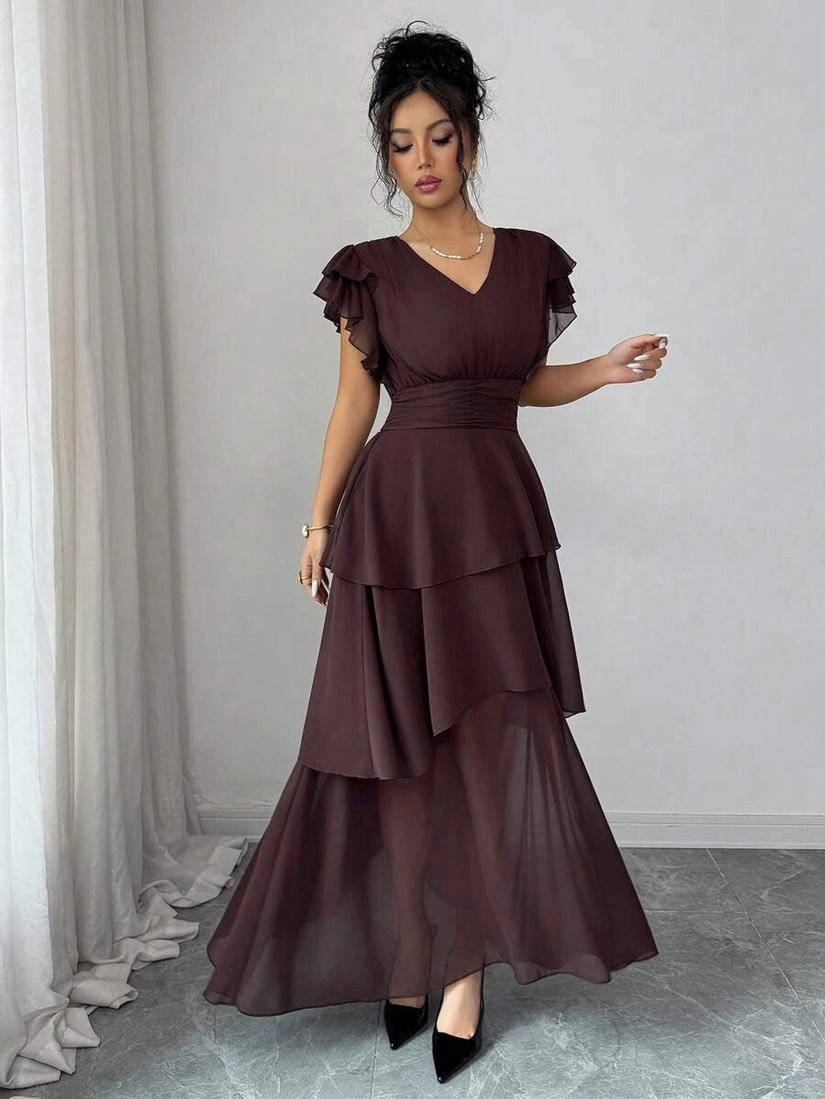 thumbnail image 3 of Womens Brown V-Neck Tiered Ruffle Maxi Dress Flutter Sleeve Asymmetric Hem, 3 of 7