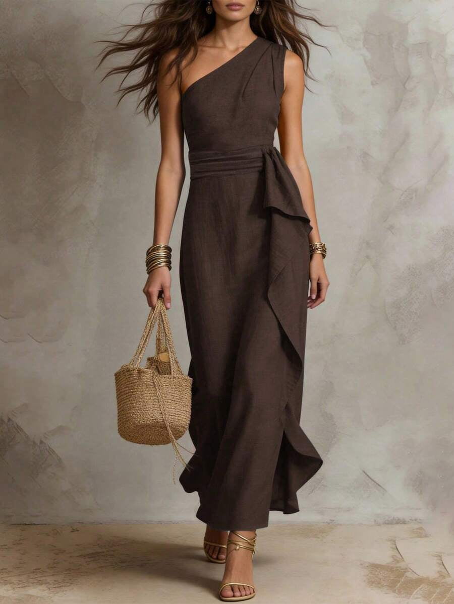 thumbnail image 4 of Womens Coffee Brown One Shoulder Sleeveless Ruffle Maxi Dress, 4 of 5