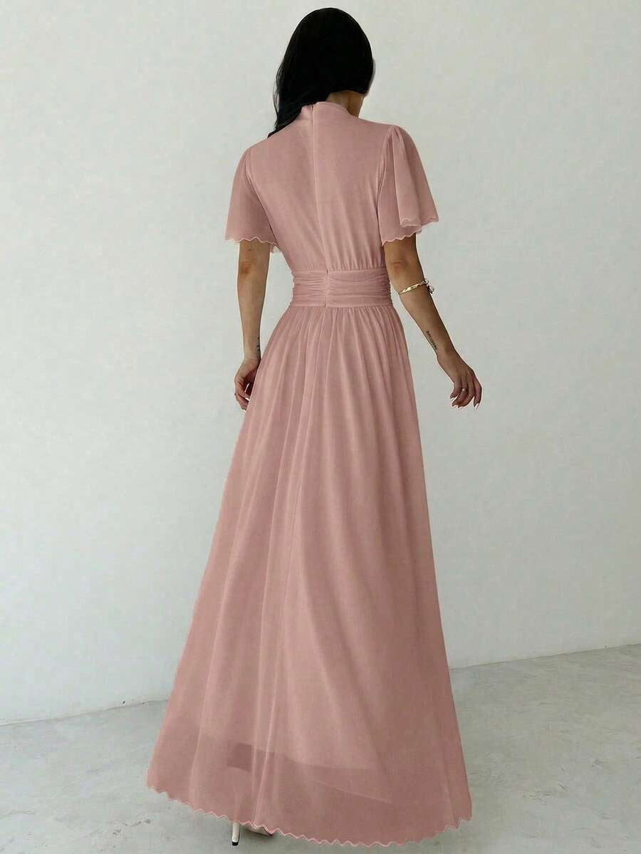 thumbnail image 6 of Womens Elegant Dusty Pink Pleated High Waist A-Line Maxi Dress, Stand, 6 of 6
