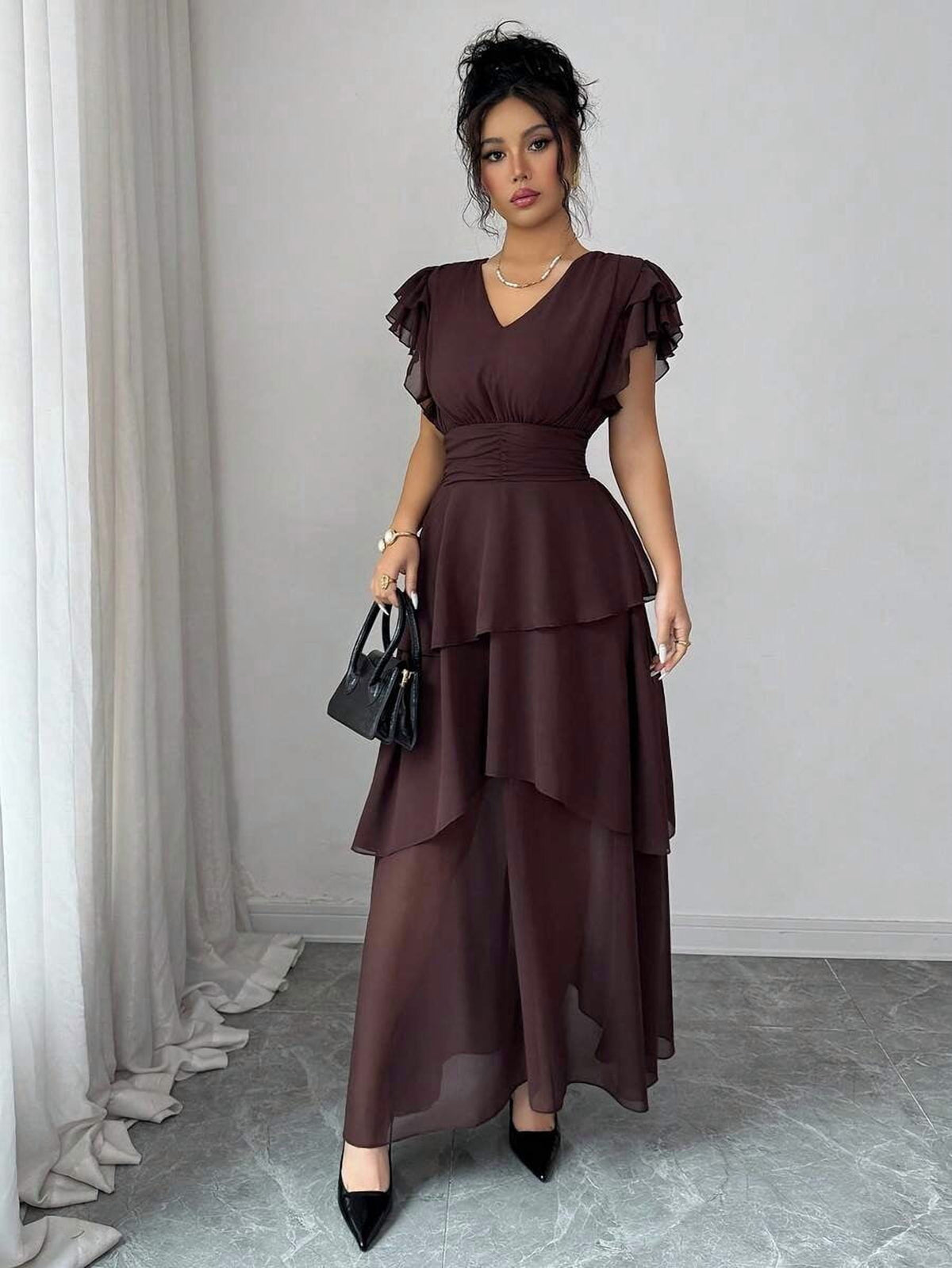 thumbnail image 6 of Womens Brown V-Neck Tiered Ruffle Maxi Dress Flutter Sleeve Asymmetric Hem, 6 of 7
