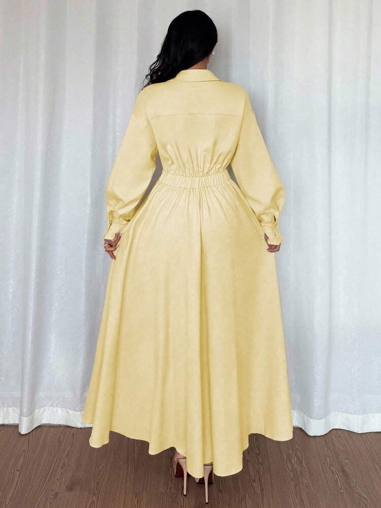 thumbnail image 2 of Yellow Long Sleeve A-Line Vacation Dress with Waist Gathered, 2 of 6