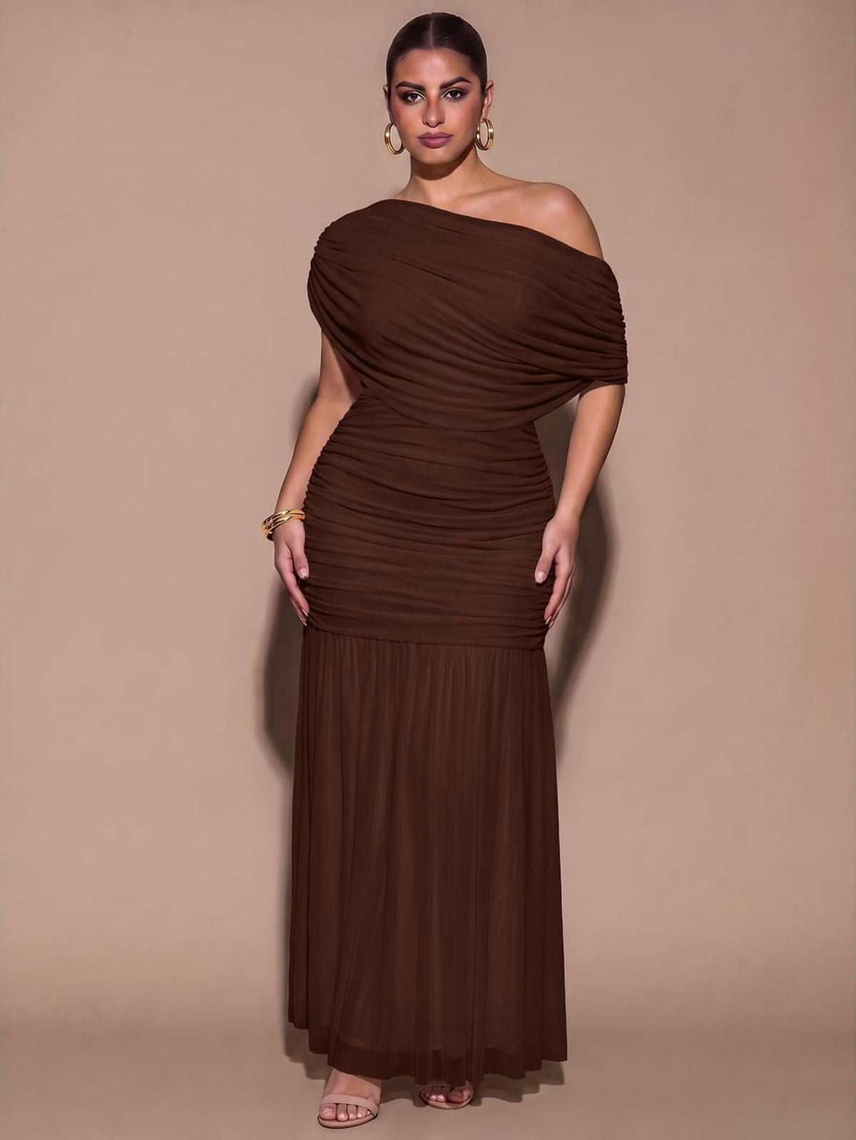 thumbnail image 2 of Womens Coffee Brown One Shoulder Long Dress, Elegant Pleated Party Gown, 2 of 7