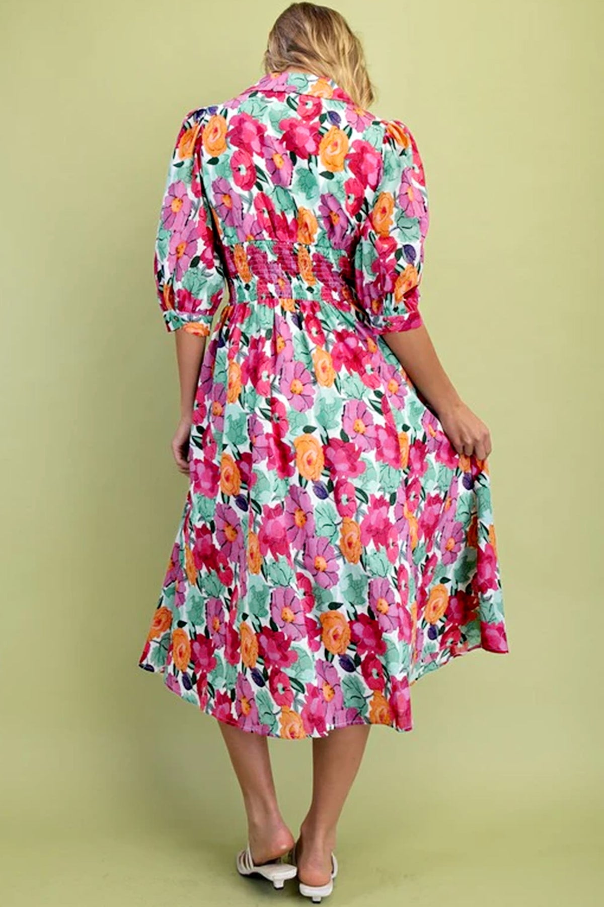 thumbnail image 2 of Women's Floral Midi Dress – V Neck Zip Up Shift Dress with Shirred Waist, Casual Summer Vacation Style, XL, 2 of 12