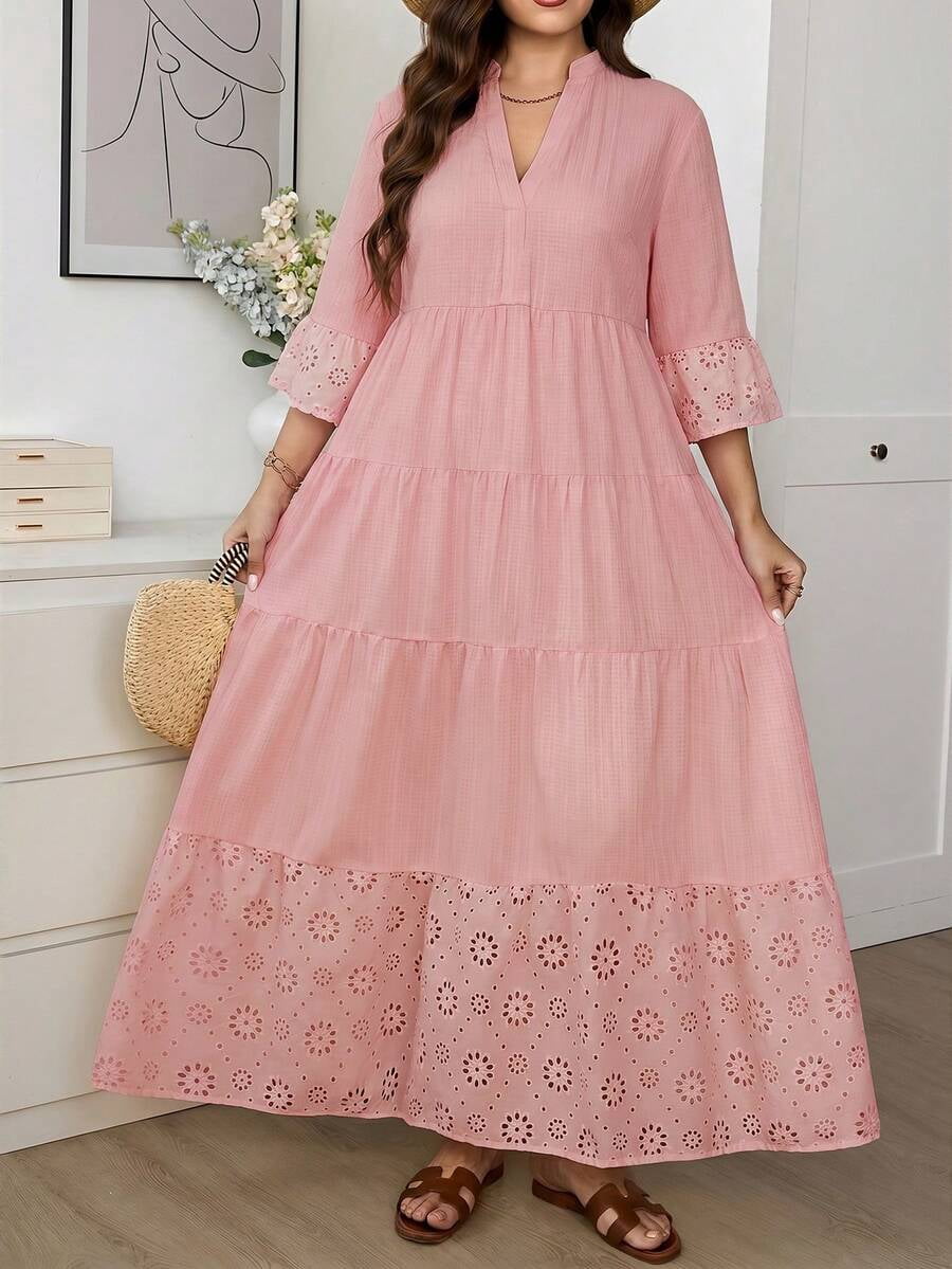 thumbnail image 5 of Women Pink V-Neck Tiered Hollow Embroidery Long Sleeve Maxi Dress, 5 of 6