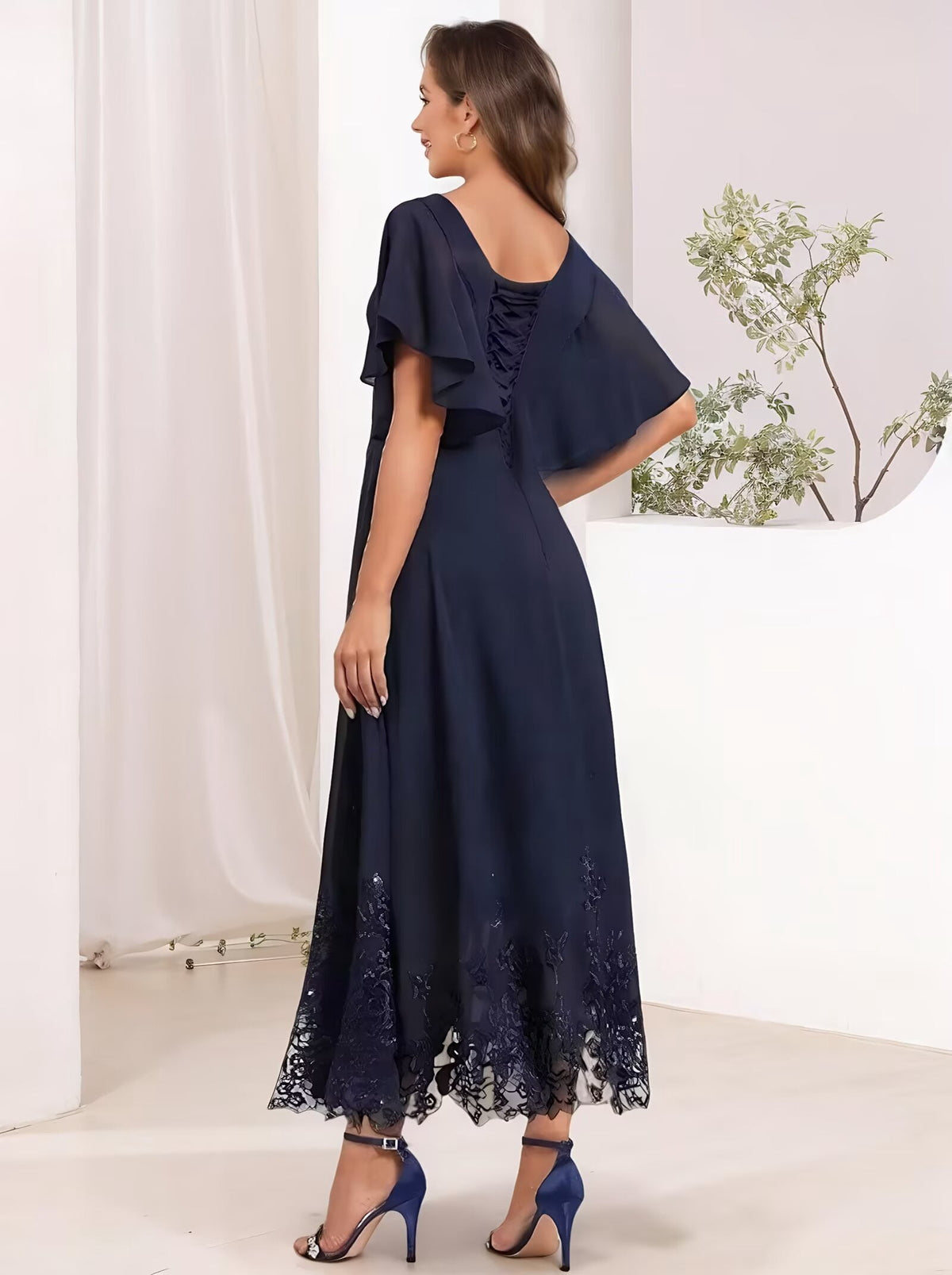thumbnail image 3 of optkeat Tea Length Mother of the Bride Dress for Women, V Neck Flutter Sleeve Chiffon Formal Evening Dress with Lace Appliques, 3 of 8