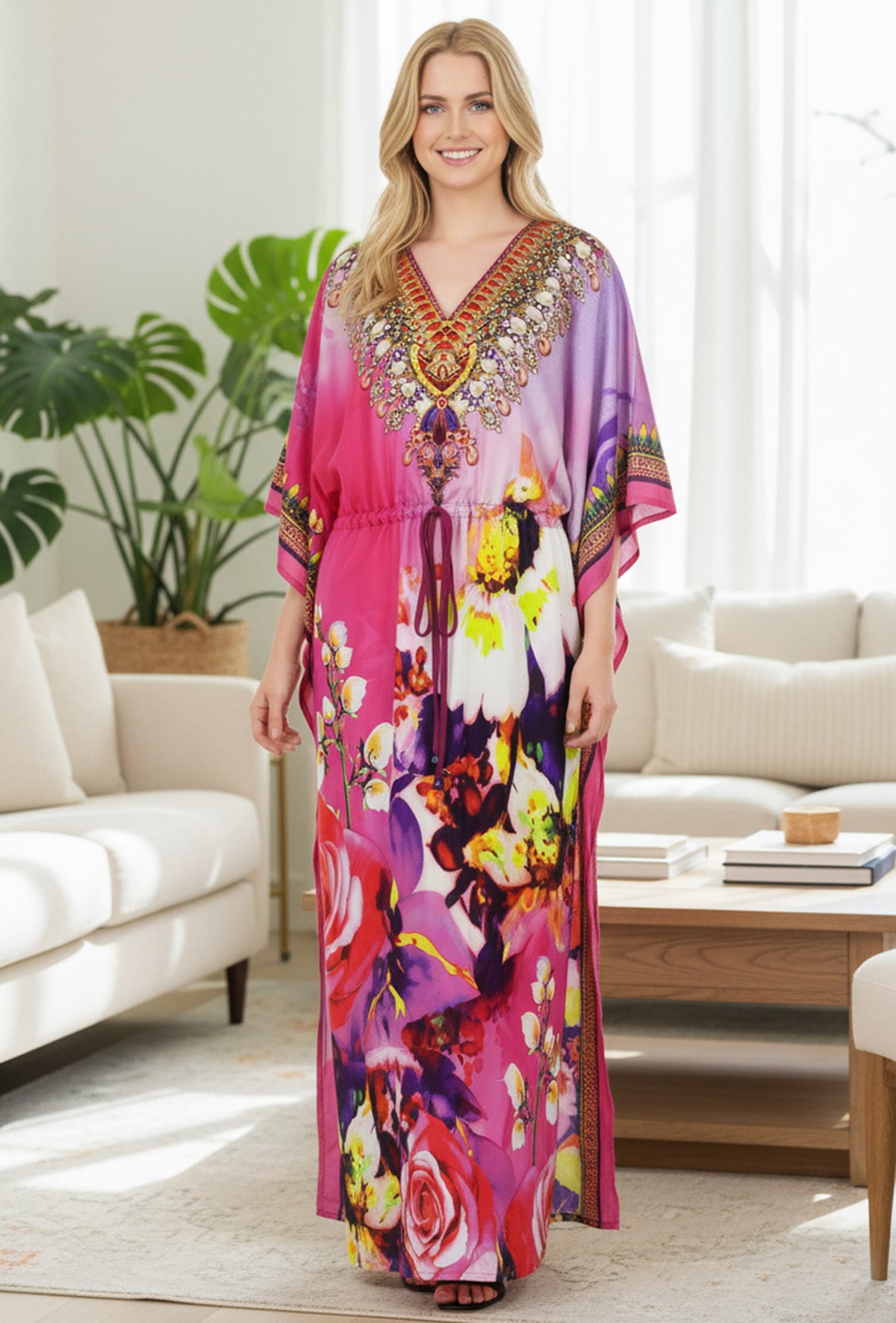 thumbnail image 4 of HAPPY BAY Women's Summer African Beach Maxi Plus Size Ethnic Print Caftan Casual Slit Dress Loungewear Dashiki Dresses for Women 2X-3X Rose, Blossom, 4 of 5