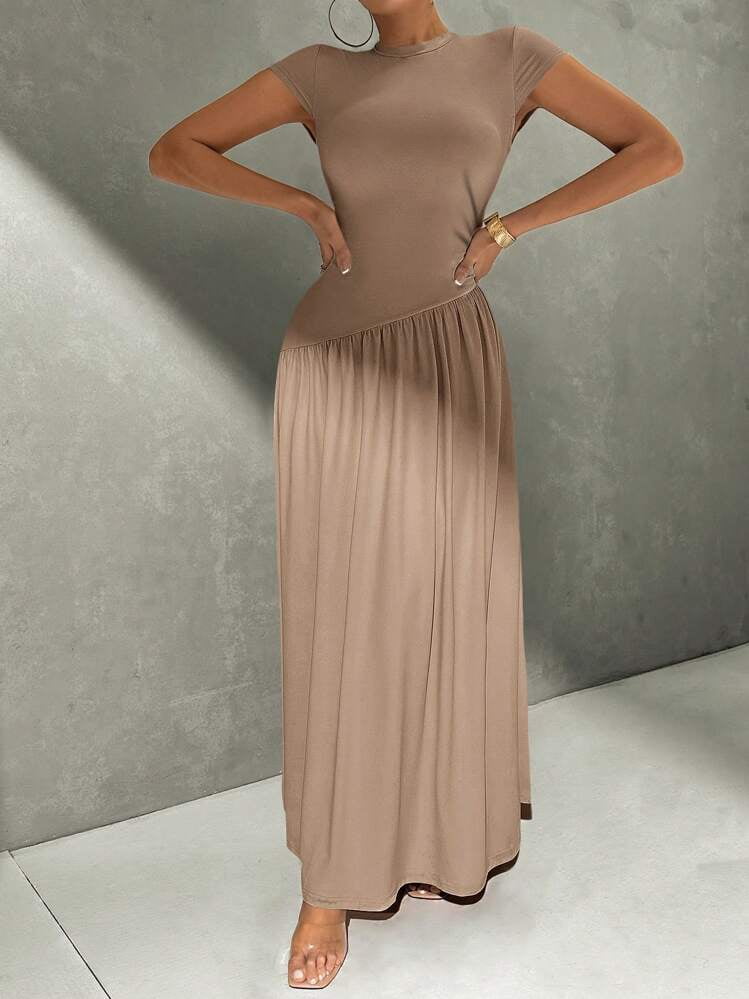thumbnail image 6 of Khaki Short Sleeve Fitted Stand Collar A-Line Long Dress, 6 of 9