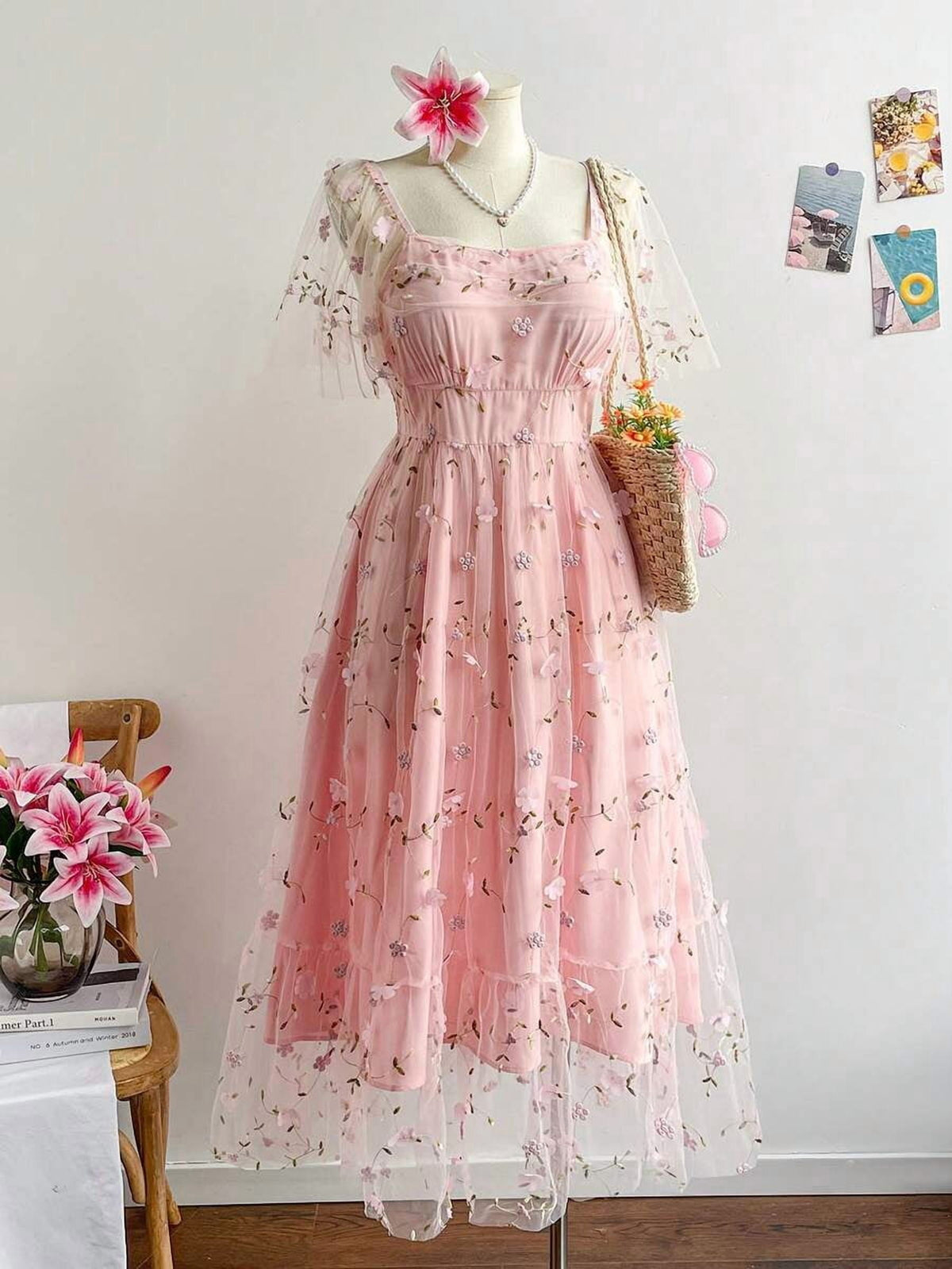 thumbnail image 5 of Plus Size Pink Chiffon Midi Dress, Summer Floral Embroidered Short Sleeve, 5 of 8