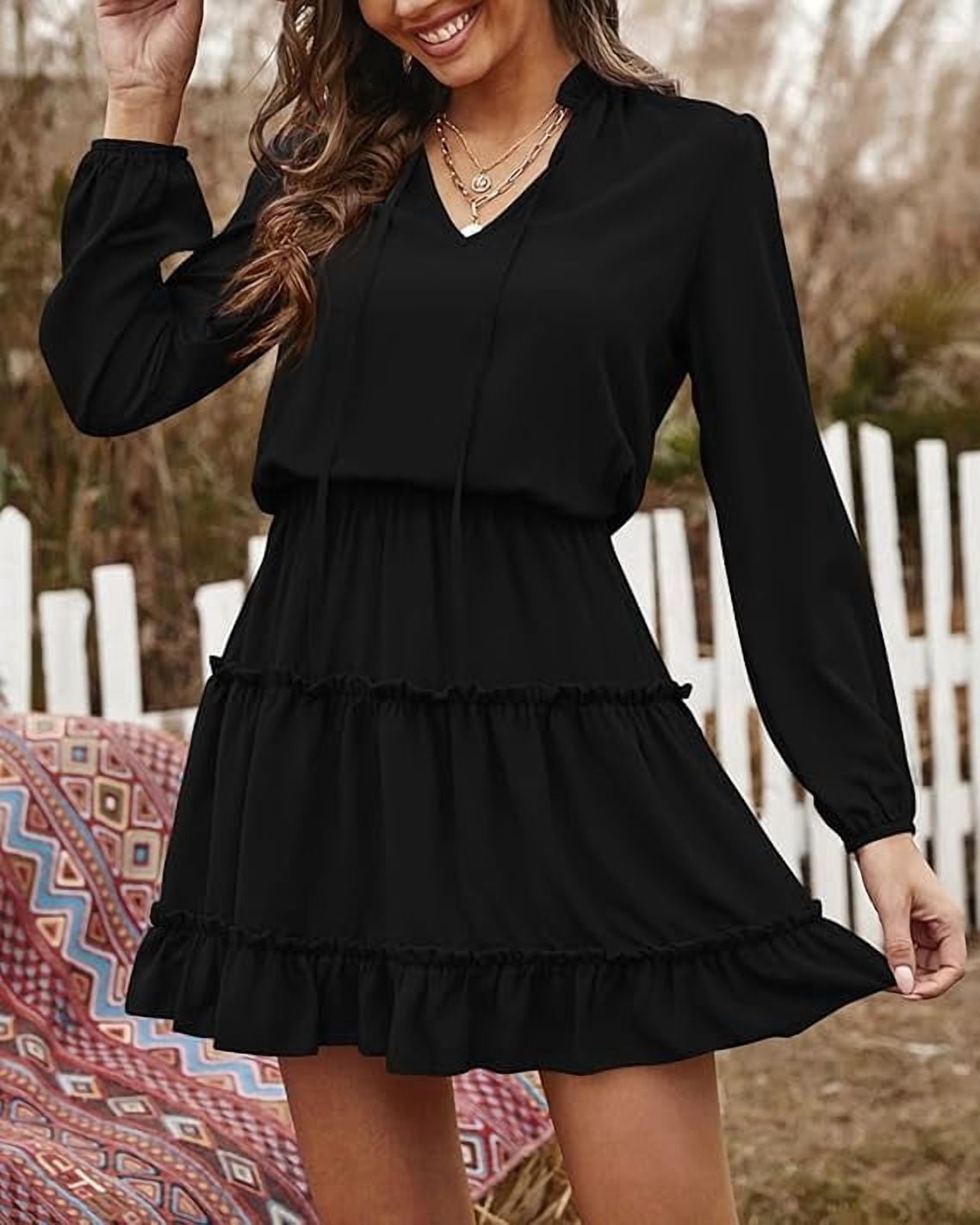 thumbnail image 3 of BTFBM Long Sleeve Summer Dresses for Women Casual Tie Neck Ruffle Tiered A Line Mini Spring Wedding Guest Dress, 3 of 9