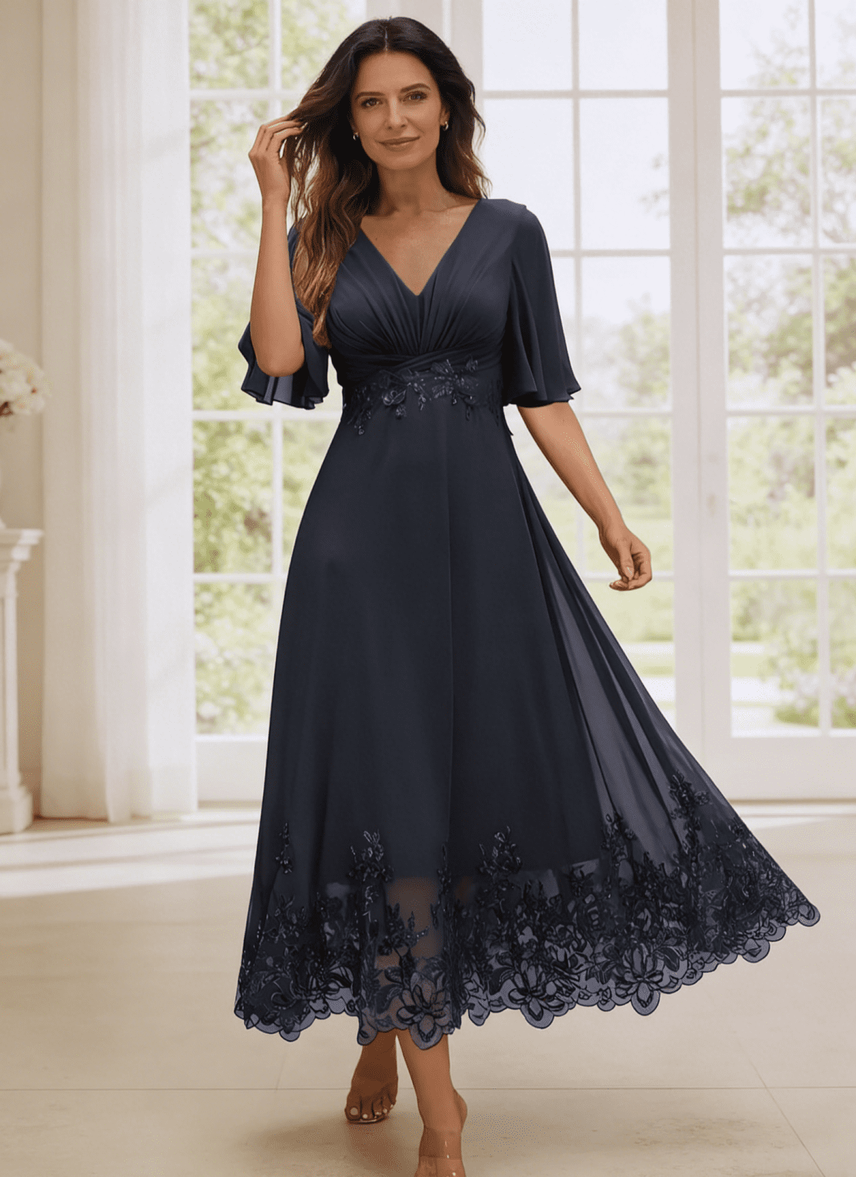 thumbnail image 5 of optkeat Tea Length Mother of the Bride Dress for Women, V Neck Flutter Sleeve Chiffon Formal Evening Dress with Lace Appliques, 5 of 8