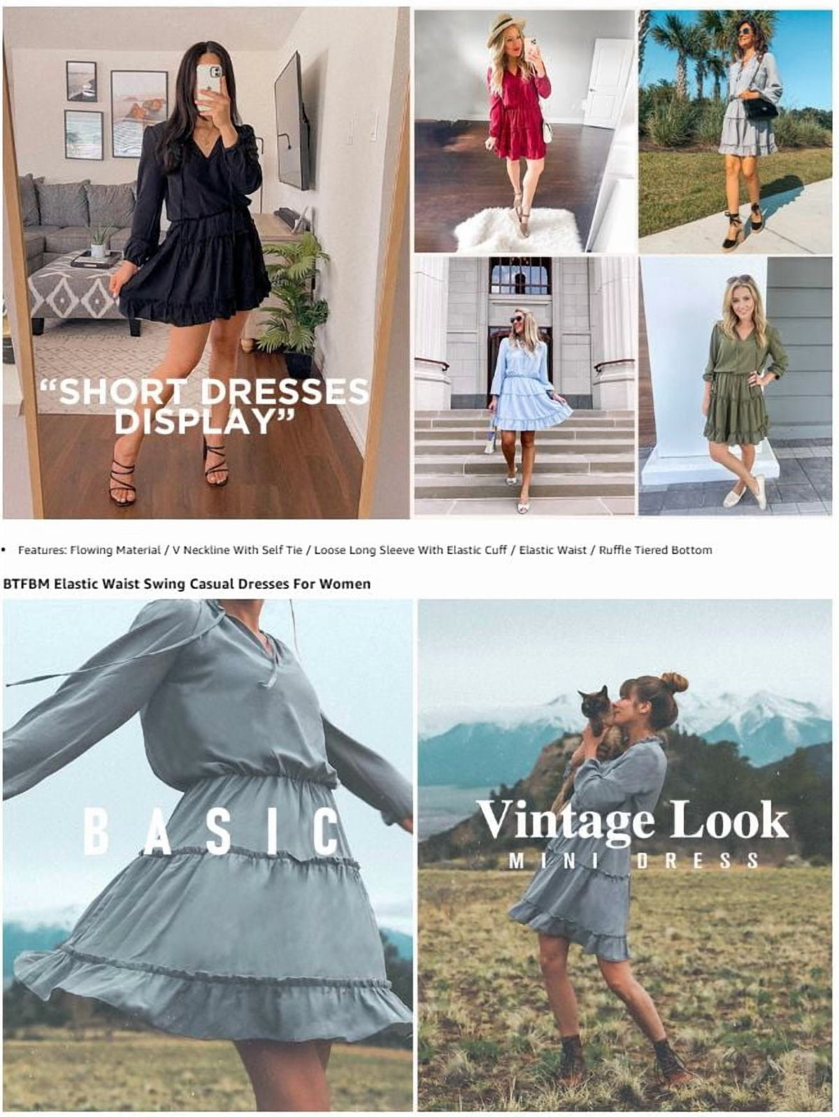 thumbnail image 5 of BTFBM Long Sleeve Summer Dresses for Women Casual Tie Neck Ruffle Tiered A Line Mini Spring Wedding Guest Dress, 5 of 9