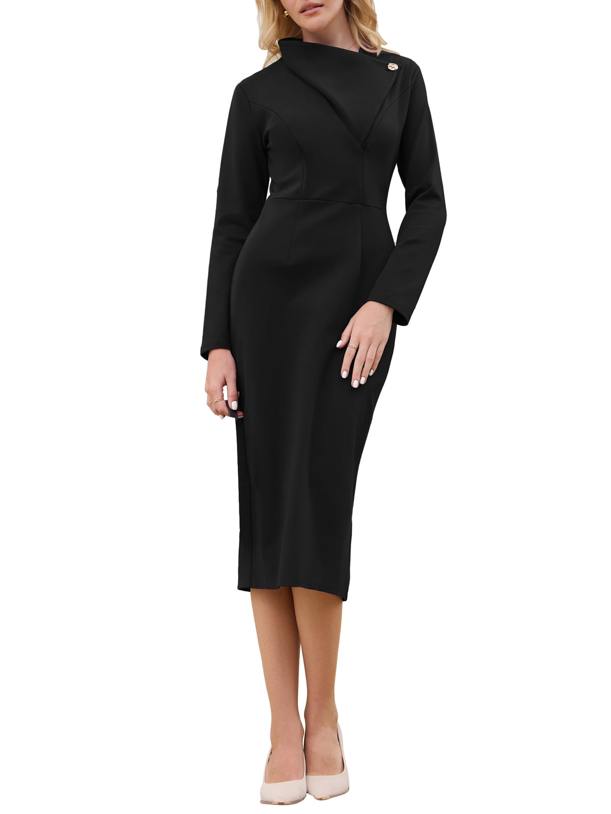 thumbnail image 2 of INSPIRE CHIC Women's Elegant Pencil Dress Lapel V Neck Long Sleeve 2025 Trendy Work Knee Length Dresses S Black, 2 of 5