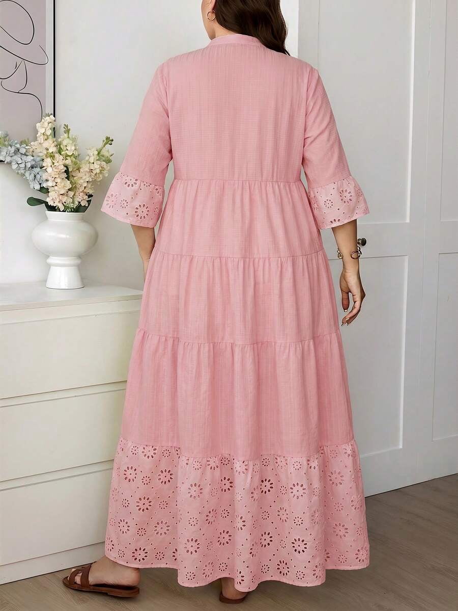 thumbnail image 4 of Women Pink V-Neck Tiered Hollow Embroidery Long Sleeve Maxi Dress, 4 of 6