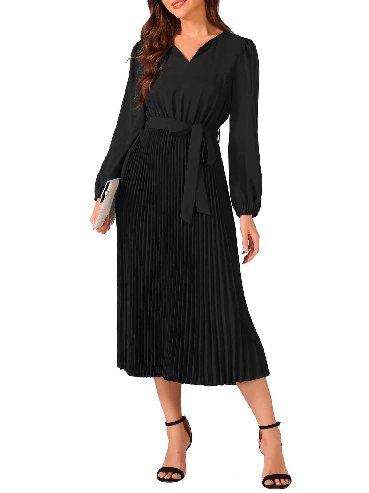 thumbnail image 2 of Elegant Pleated Swing Dress for Women's Solid Sleeveless V-Neck Long Sleeve Wear to Work Black L, 2 of 5