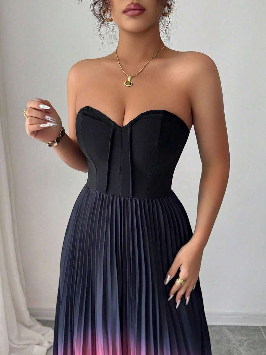thumbnail image 3 of Multicolor Plus Size Strapless Pleated Ombre Maxi Evening Dress, 3 of 6