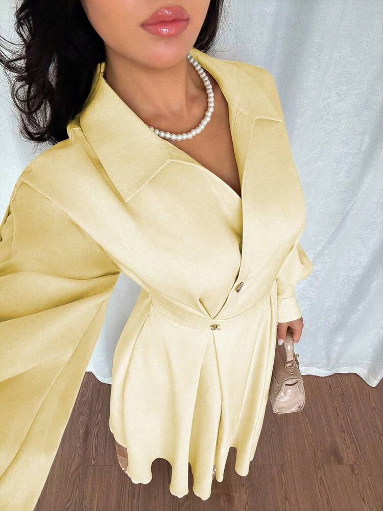 thumbnail image 4 of Yellow Long Sleeve A-Line Vacation Dress with Waist Gathered, 4 of 6
