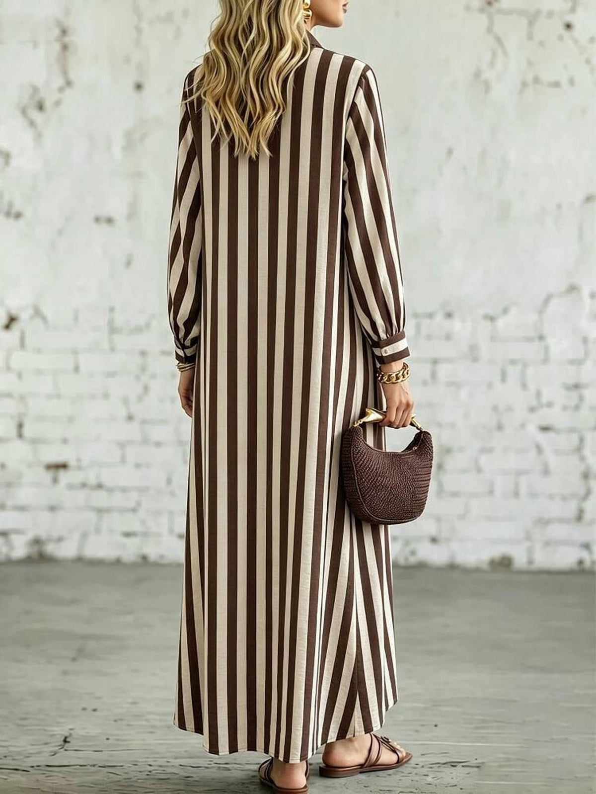 thumbnail image 2 of Coffee Brown Long Sleeve Frog Button Loose Maxi Dress, 2 of 4