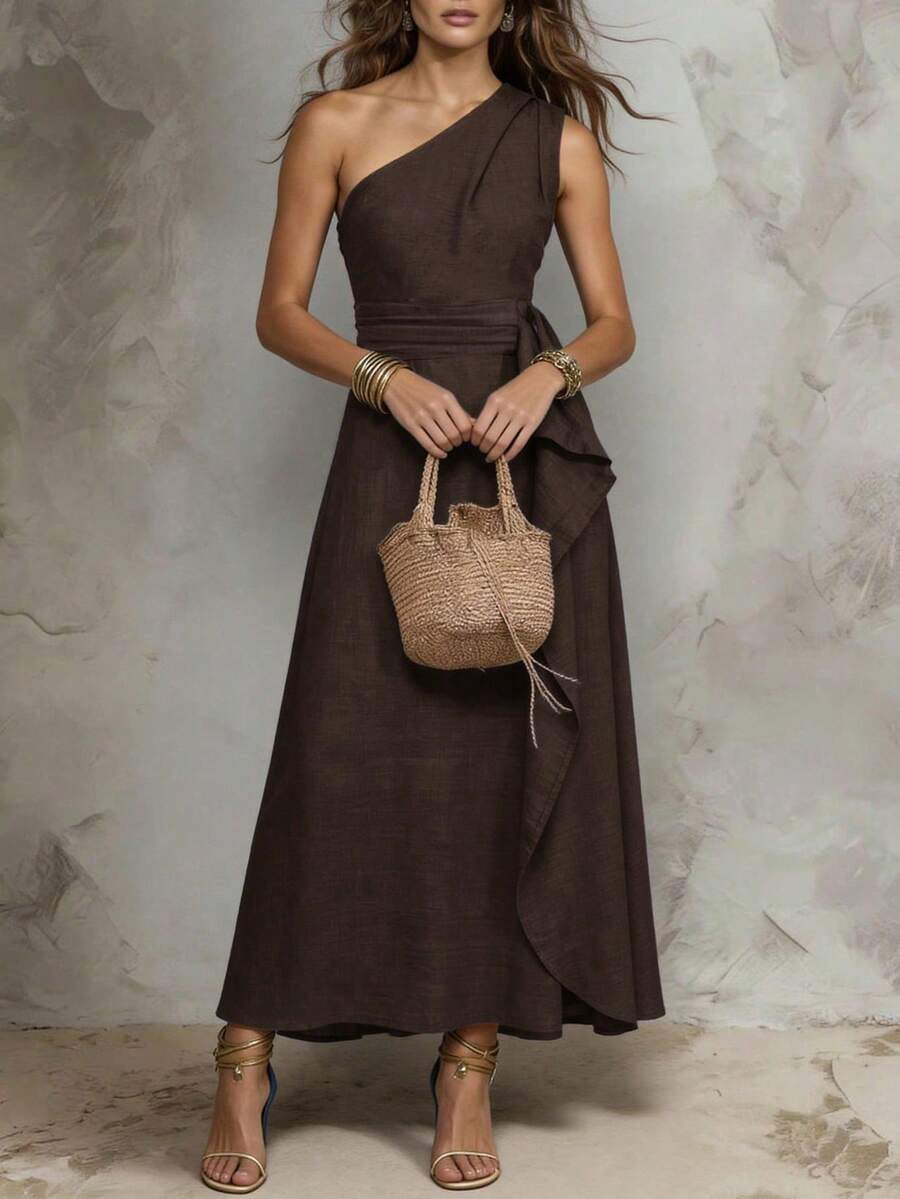 thumbnail image 3 of Womens Coffee Brown One Shoulder Sleeveless Ruffle Maxi Dress, 3 of 5