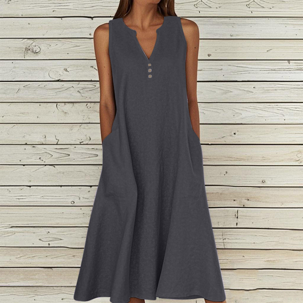 thumbnail image 2 of UVEASISHA Cotton Linen Dresses for Women Sleeveless Henley Shirt Maxi Dress 2025 Summer Beach Party Tank Sundress with Pockets Black M, 2 of 6
