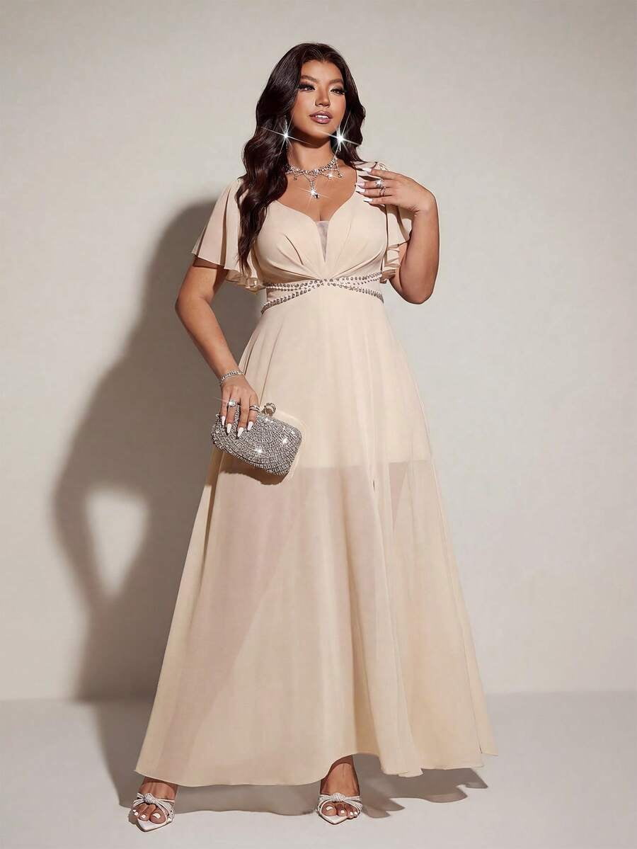 thumbnail image 5 of Womens Elegant Romantic Apricot V-Neck Short Sleeve Flowing Dress, 5 of 6