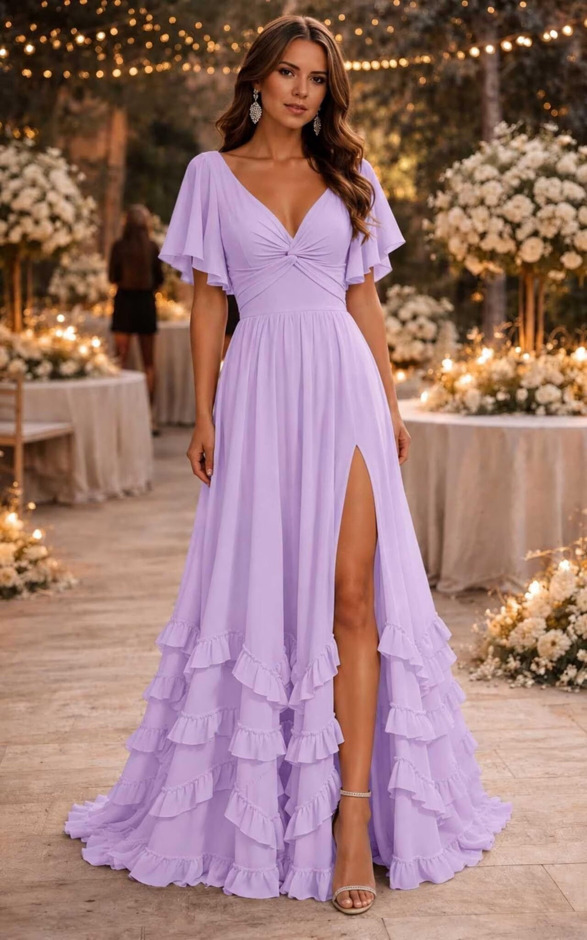 thumbnail image 6 of optkeat Chiffon V Neck Ruffle Bridesmaid Dress, Flutter Sleeve Split Floor Length Formal Gown, 6 of 7