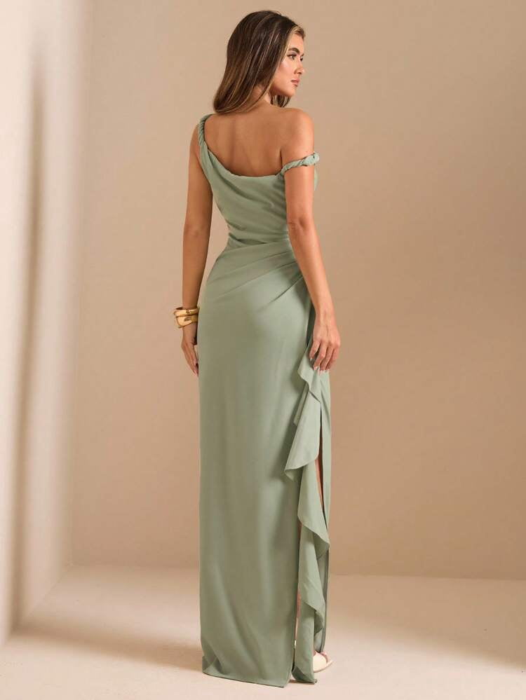 thumbnail image 2 of Sage Green One Shoulder Ruffle Wrap Maxi Dress, 2 of 7