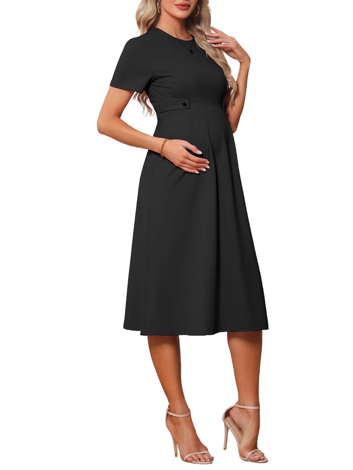 thumbnail image 4 of INSPIRE CHIC Women's Maternity Dress A Line Crewneck Short Sleeves Stretchy Summer Office Work Midi Pregnancy Dresses S Black, 4 of 6