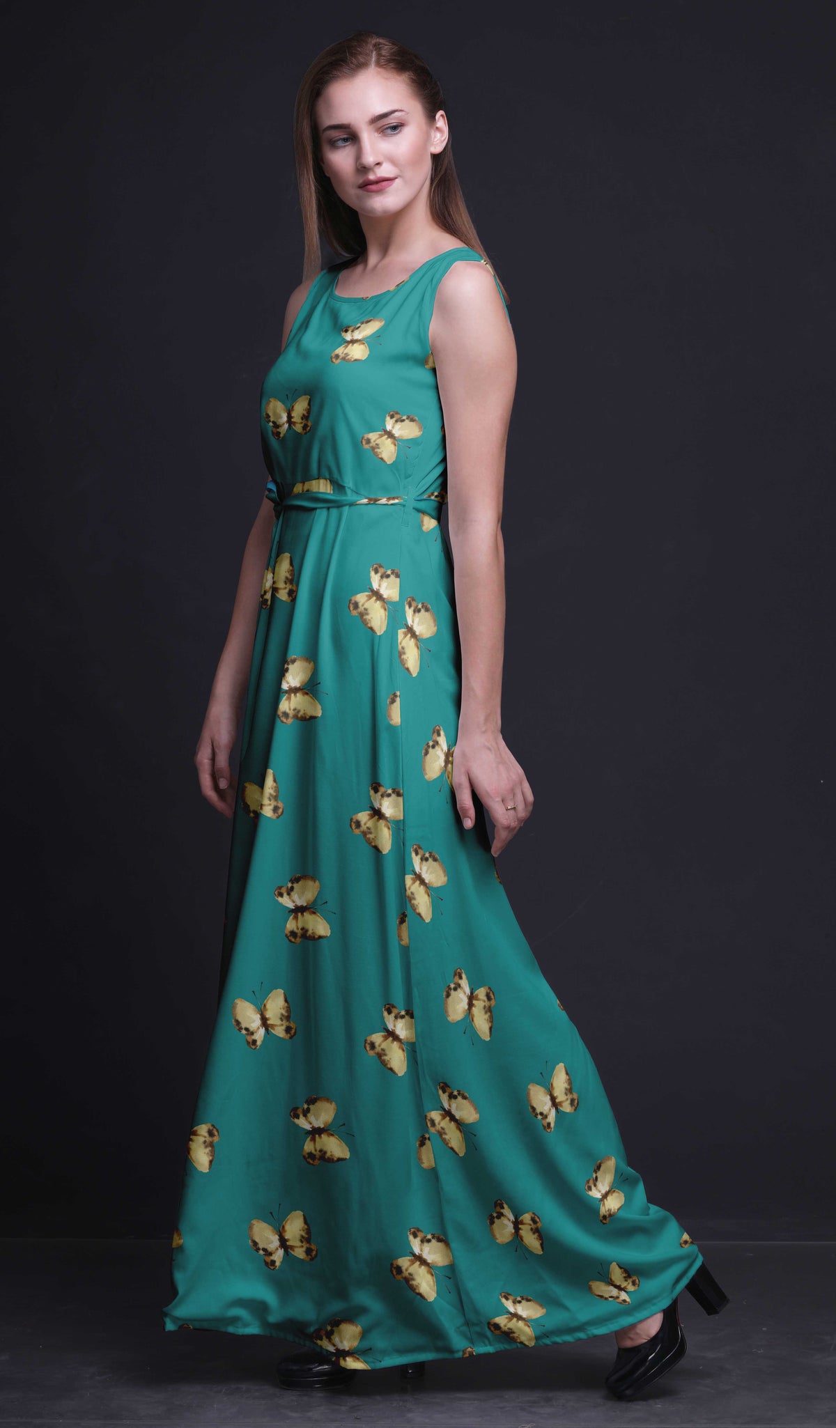 thumbnail image 5 of Bimba Butterfly Women Round Neck Printed Evening PartyÂ&nbsp;DressÂ&nbsp;Sleeveless Gown-Large, 5 of 5