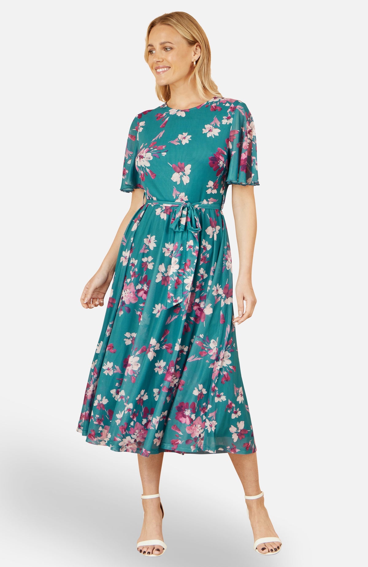 thumbnail image 3 of Yumi Mesh Skater Floral Midi Dress - Blue, 4, 3 of 5