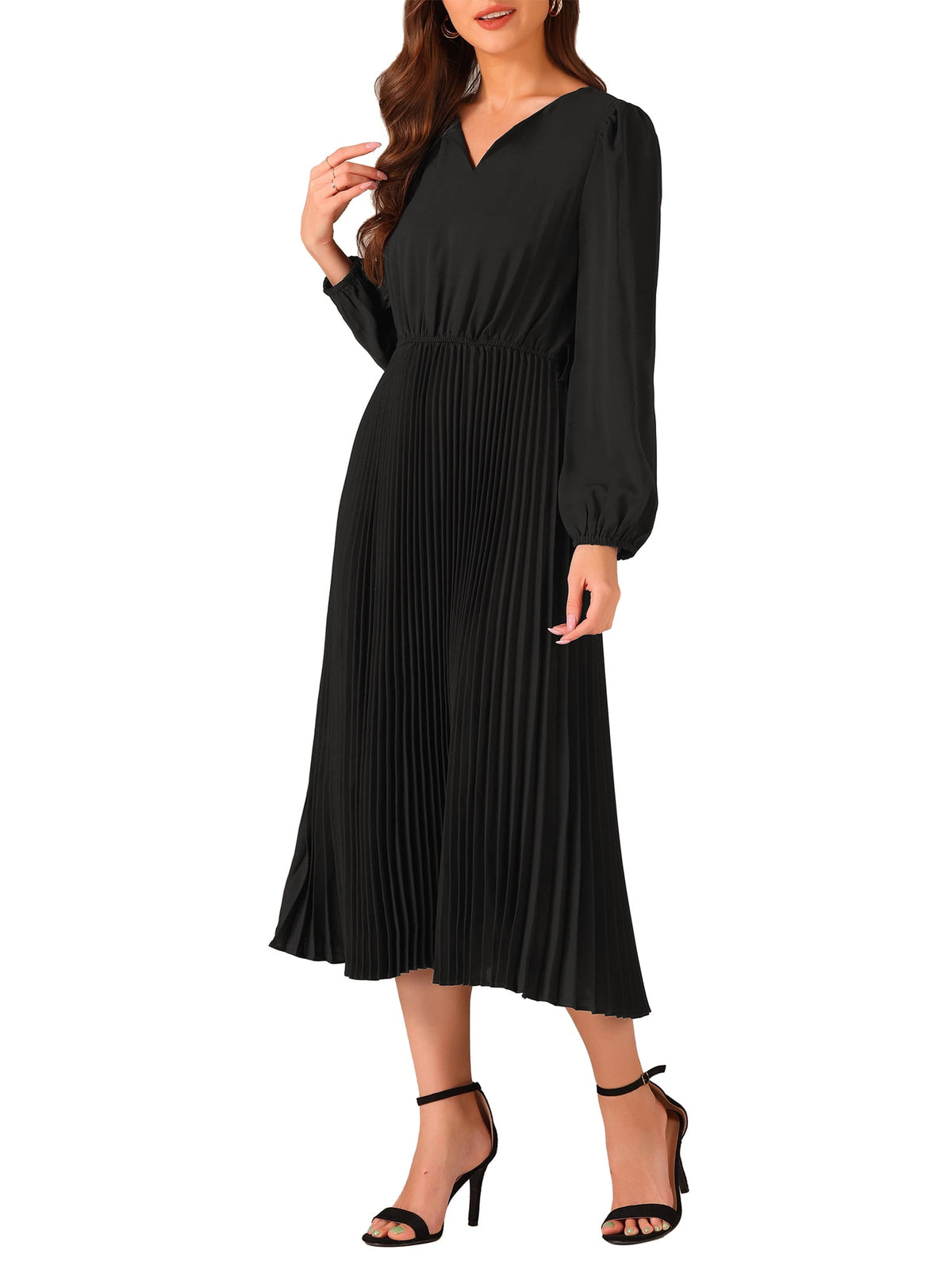 thumbnail image 4 of Elegant Pleated Swing Dress for Women's Solid Sleeveless V-Neck Long Sleeve Wear to Work Black L, 4 of 5
